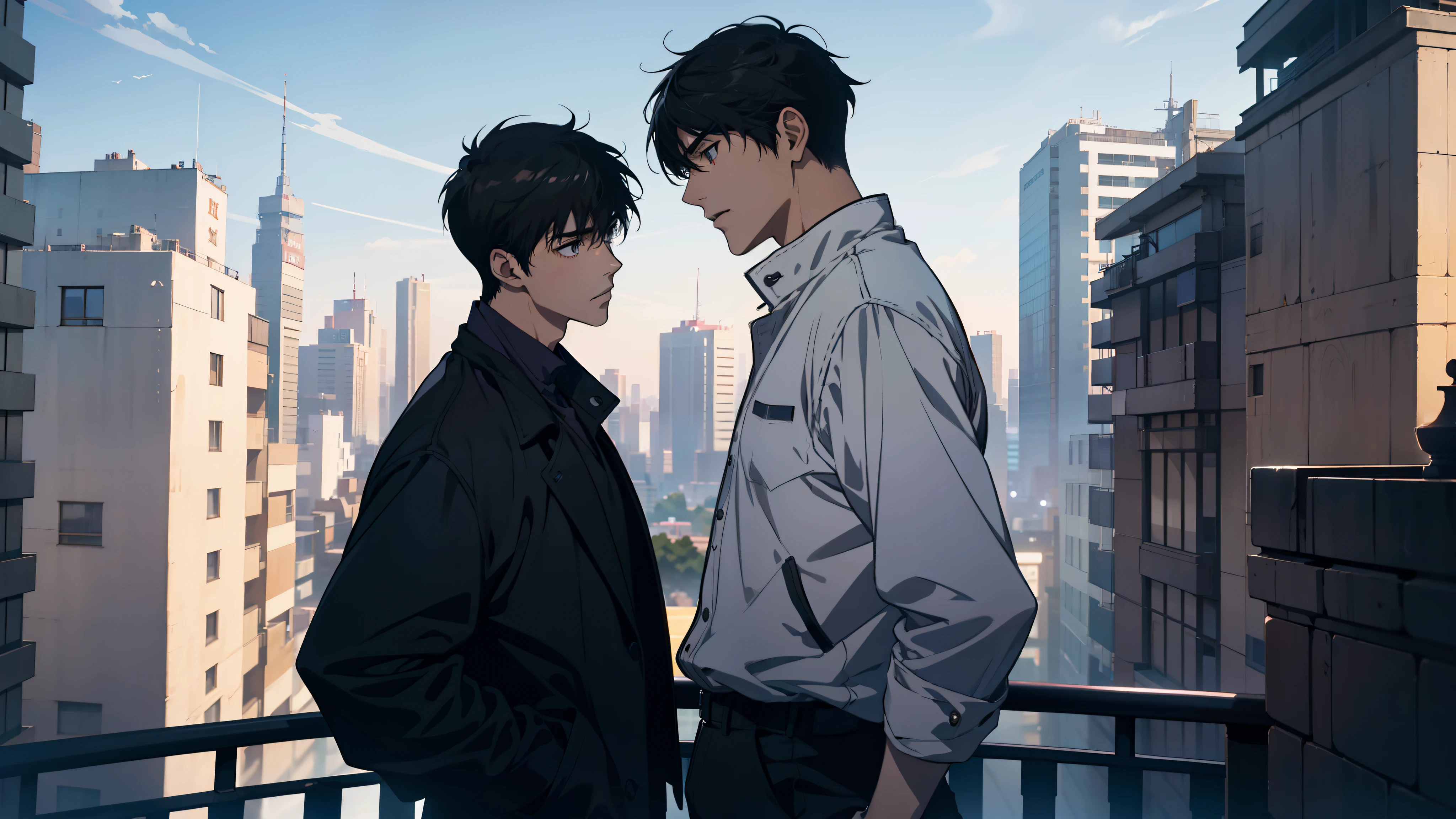 2 hombres personalidad masculina, Dos guapos protagonistas masculinos.，Las parejas de anime se encuentran en balcones y dormitorios，Presenta el estilo de Makoto Shinkai.，Estos incluyen el nuevo trabajo de Makoto Shinkai.《caín kuga》、《Guviz》y colaboraciones con artgerm，También hay fotogramas oficiales del anime.。al mismo tiempo，También está la interacción entre Nick Silva e Ilya Kuvhinov.，y la colaboración entre Yusuke Murata y Makoto Shinkai。