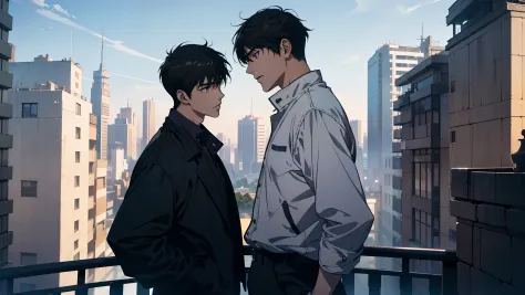 2 men male personality, Two handsome male protagonists，Anime couples meet on balconies and dormitories，It presents the style of ...