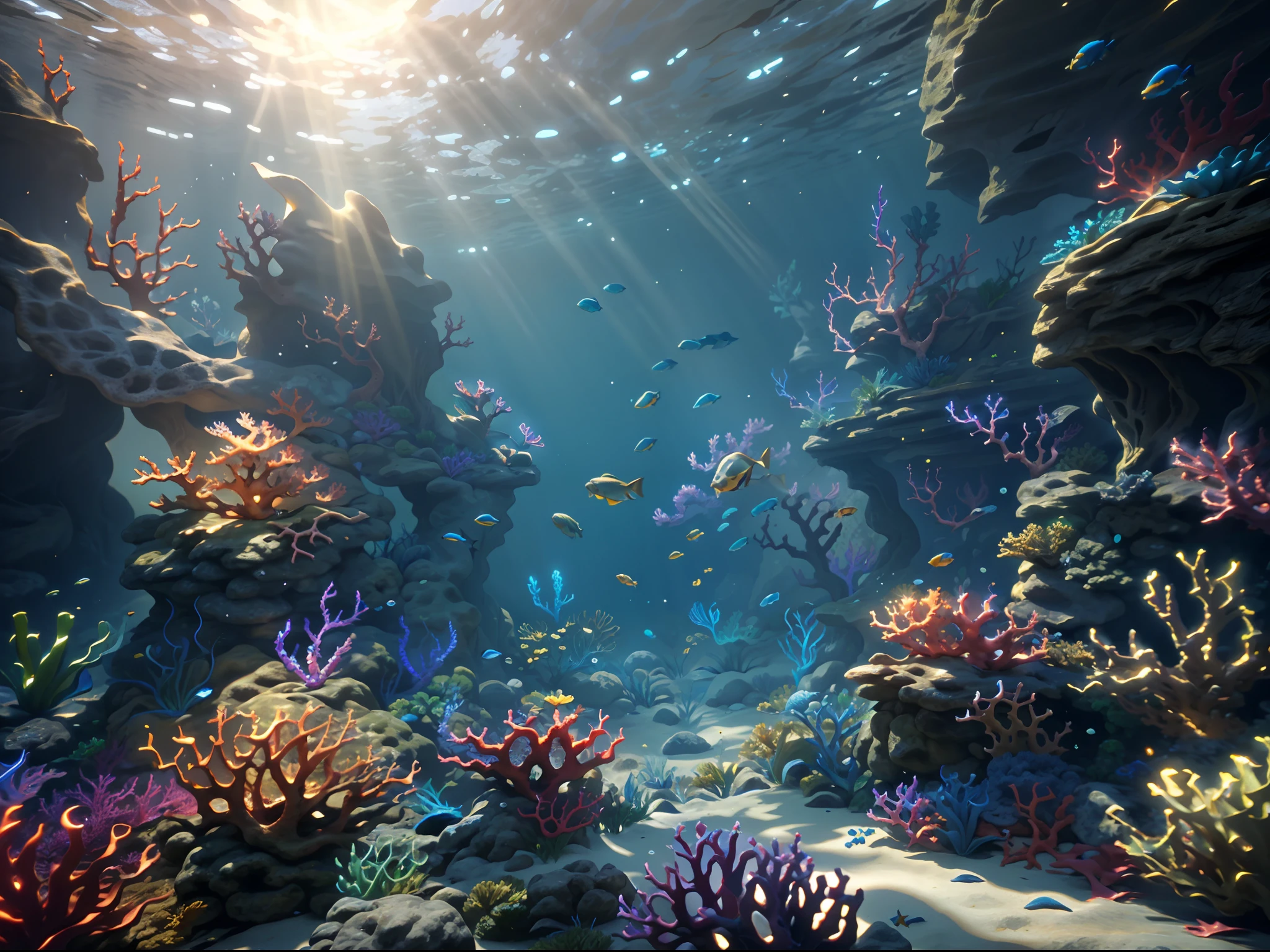 an underwater game scene with fishes and corals, sun shine through the water create an serene feeling, unreal engine five, game style, best quality, masterpiece