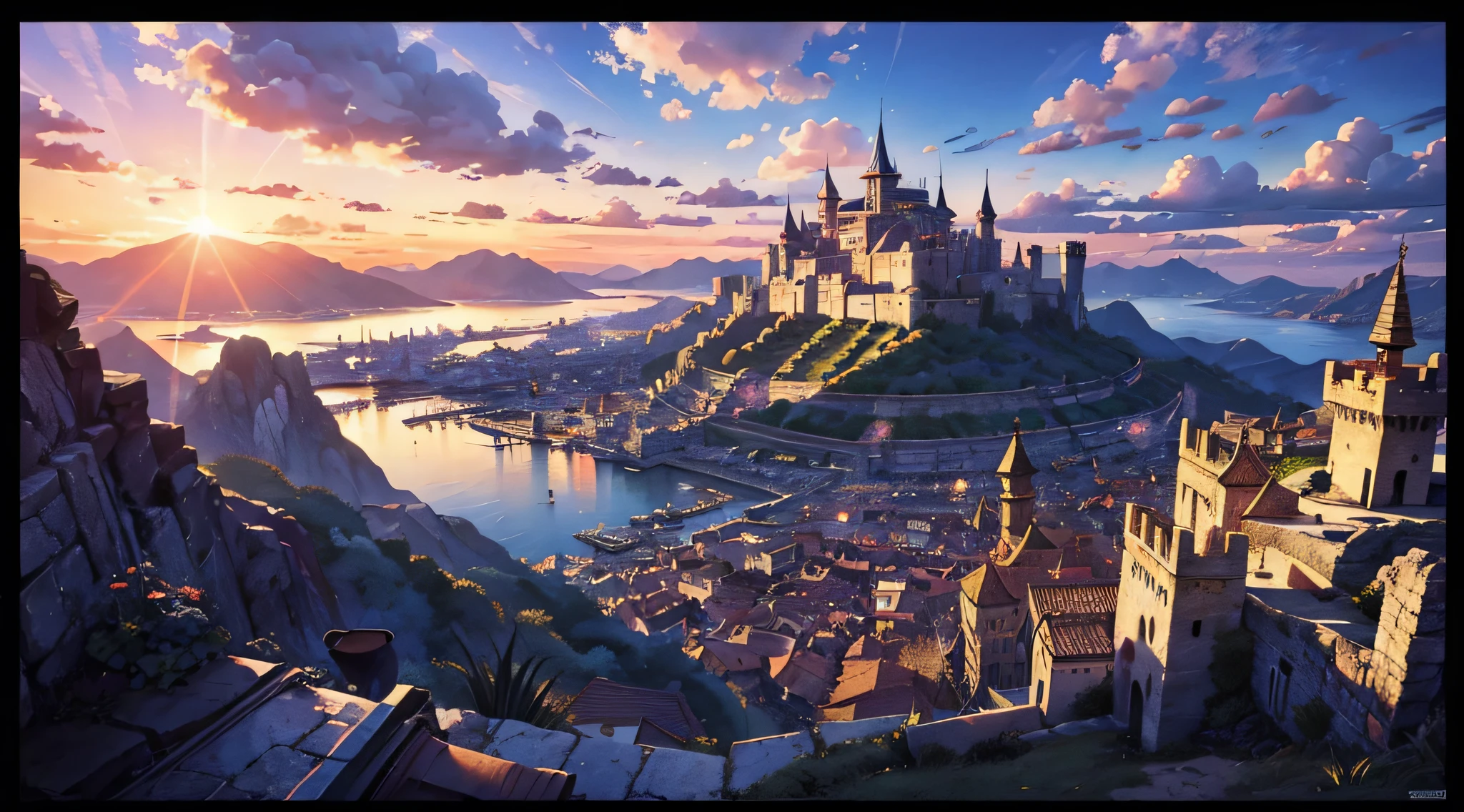 "The kingdom overlooking a village from a scenic hill with the vibrant sun in the sky, beautifully illustrated manga panel with intricate manga drawing and shading."