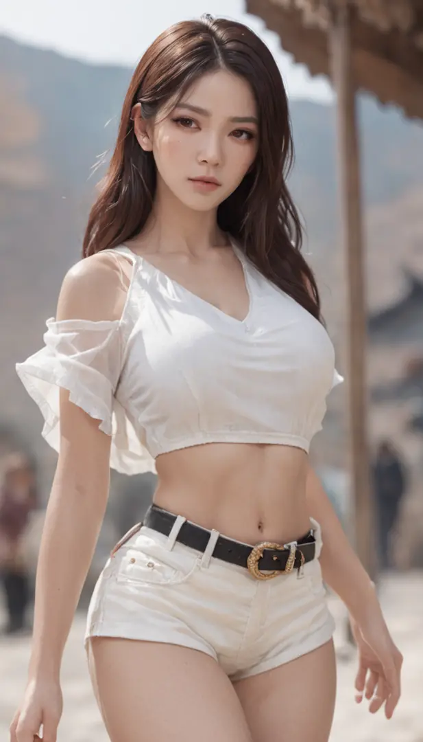 1girl, solo, whole body, fashion white shirt,(((fashion design))), white sneakers, (colorfull long hair, Oriental elements, ), golden, fashion masterpiece, best quality, realistic, hyper-detailed, (shiny skin, sweaty:1.4), absurd, looking at viewer, short ...