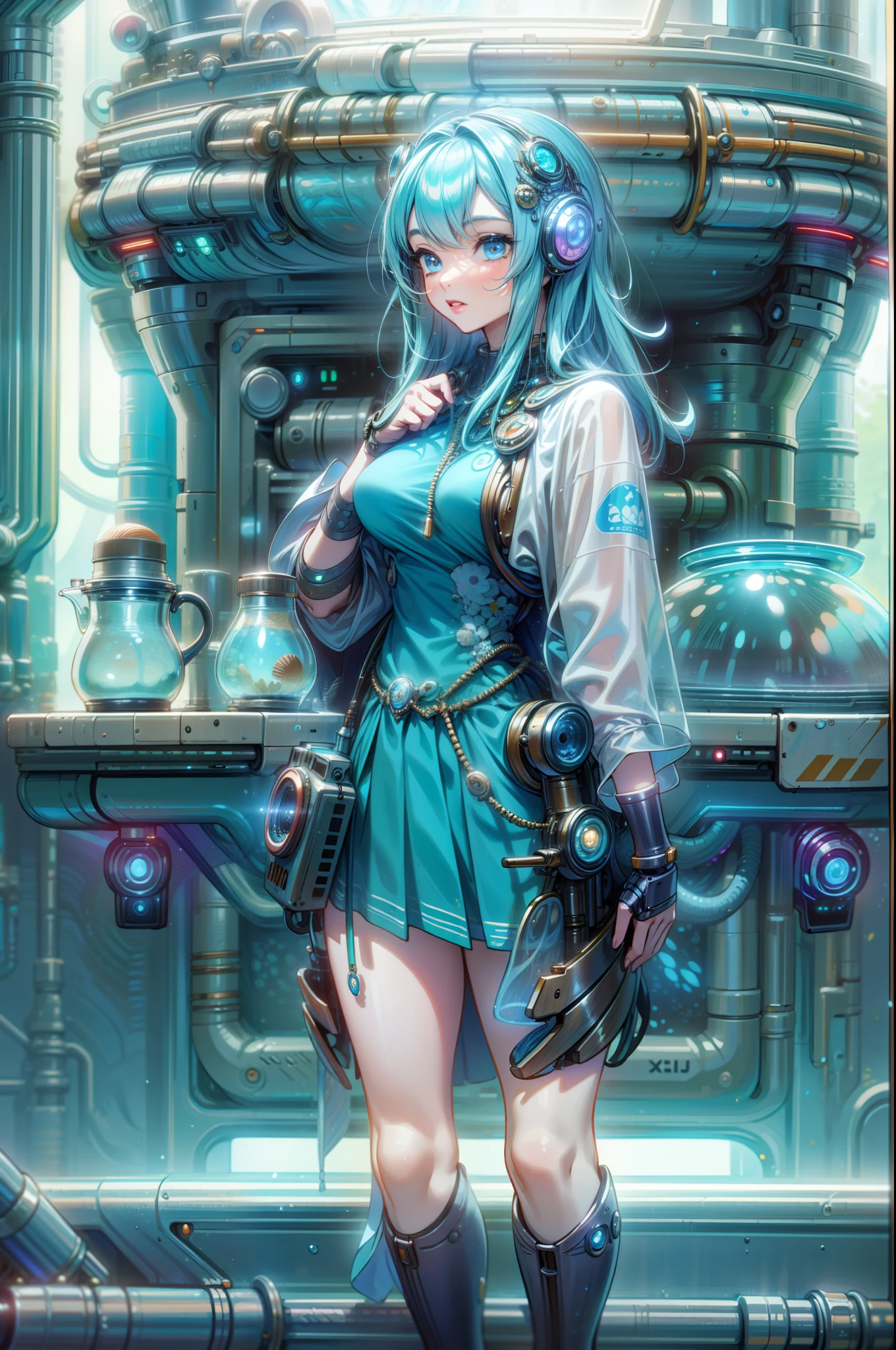 (masterpiece:1.2), best quality, highres, original, extremely detailed wallpaper, perfect lighting,(extremely detailed CG:1.2), 8k, illustration, atlantistech ,scifi, undersea,bioluminescent ,shell,
coffee machine , mug, cyberpunk, 1 girl, long hair,solo, {delicate|blue}eyes, (Sci-fi costumes:1.2), detailed pleated skirt, (shiny clothes), close-up, stand, game cg