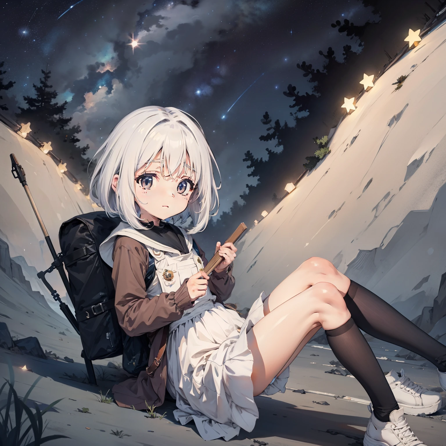 Behind it is the earth，starry sky bright， 1girll, Little girl drifting in the starry sky of the universe，Loli,elementary student， Solo, (with short white hair:1.2),