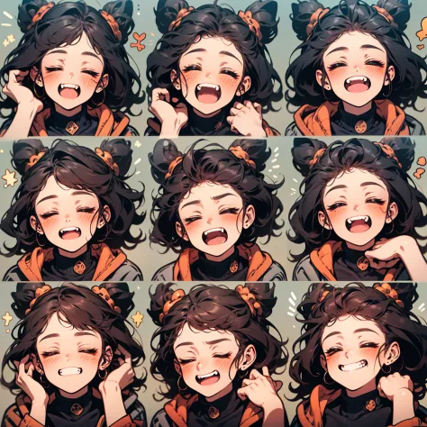 Cute little girl s，Emoticon pack，9 emojis，emoji sheet，Align arrangement，9 poses and expressions（Grieving，wonderment，having fun，Excitement，great laughter，Touch your head，Sell moe, wait），anthropomorphic style，Disney style，Black strokes，9 different emotions，9...