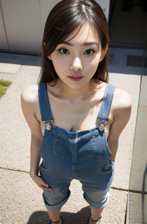 best qualtiy, Hyper High Detail, Cinematic lighting，From  above ,Modern， Full body like，refined face，kawaii faces，Skin reflection，25 years old female，slimfigure，A slender,cropped shoulders，Outside,((Woman in overalls)),