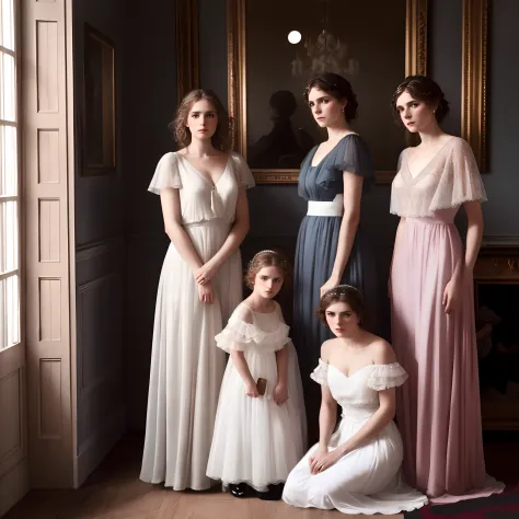 bridesmaids pose for a photo in a formal setting, hammershøi, advert, haute couture fashion shoot, refined editorial photograph,...