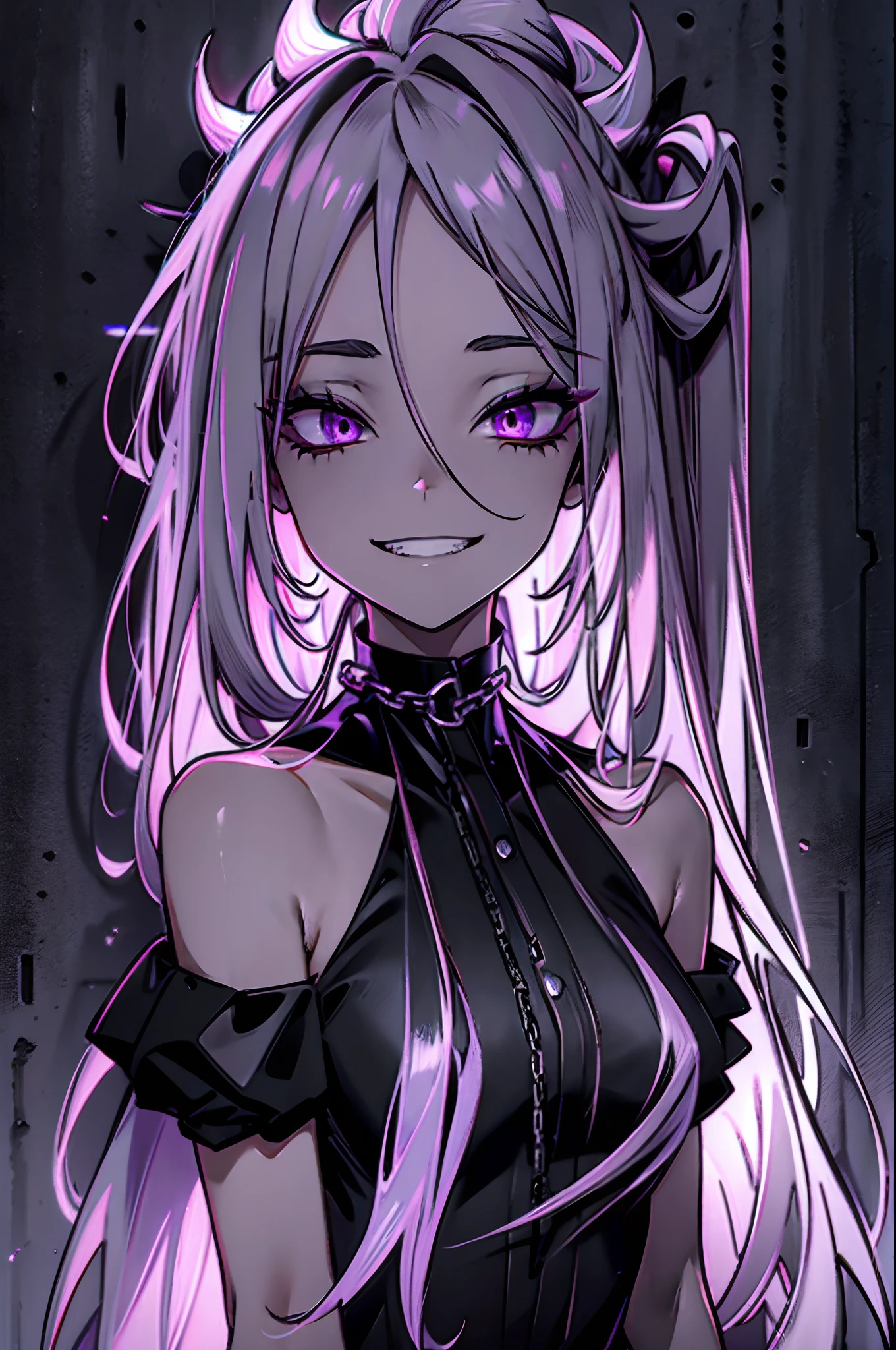 1 girl, wallpaper, whole picture, grey wall background, dark picture, ruined wall background, asymmetric hair, grey hair, multicolored hair, long hair, psycho smile, evil_smile, dark purple eyes, view from the side, looking at viewer, long chain shackles, neon lights in background, grin, ruffled hair, open black dress, modern style black dress