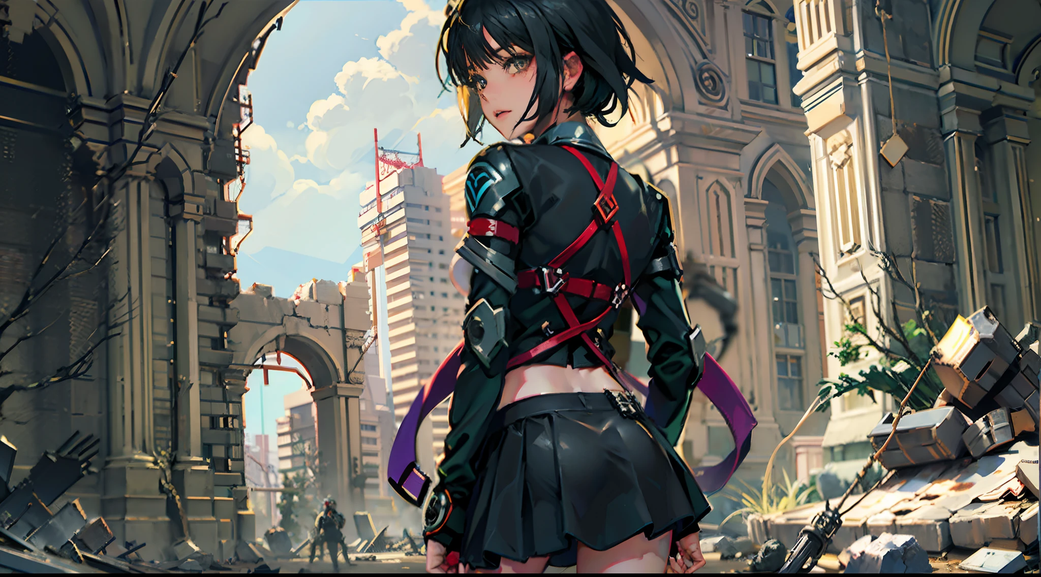 Anime girl in a black outfit standing in a ruined city - SeaArt AI