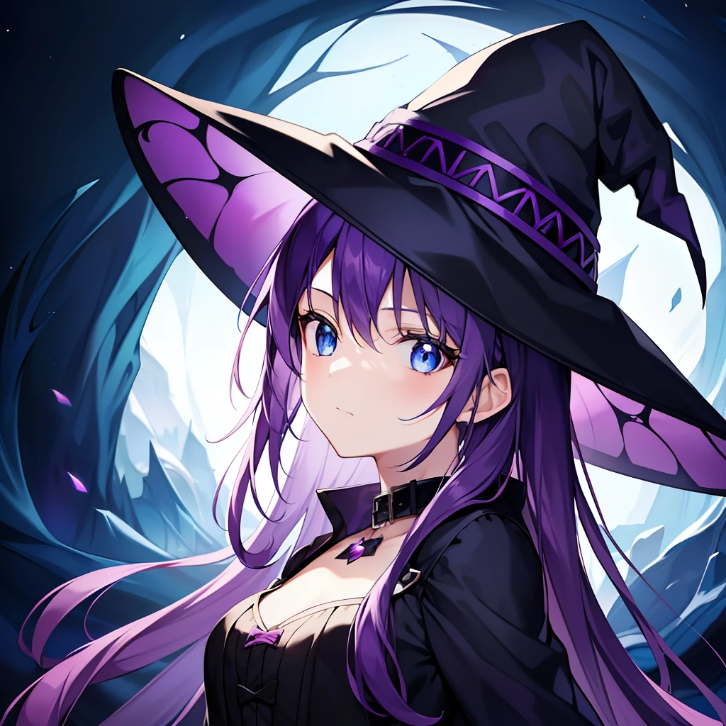 A young girl，Purple hair and blue eyes，wearing a witch hat，black-clad ...