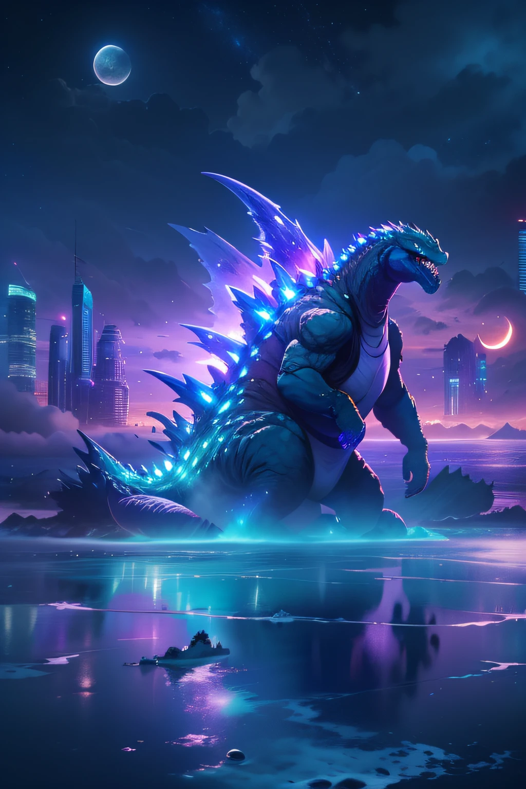 Godzilla - Die wunderbare Welt der Götter , der Ozean，Der Hintergrund ist eine futuristische Stadt, Sci-Fi-Stil, blau und violett, hell, Himmelshintergrund bei Nacht，Es gibt viele Sterne und einen Mond, der sich in zwei Teile teilt. Ultra-Fotorealismus