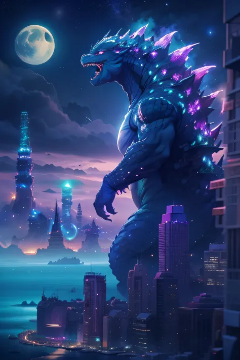 Godzilla , the ocean，The background is a futuristic city, scifi style, blue and violet, brightly, Sky background at night，There are many stars and a moon that splits in two. Ultra photo realsisim