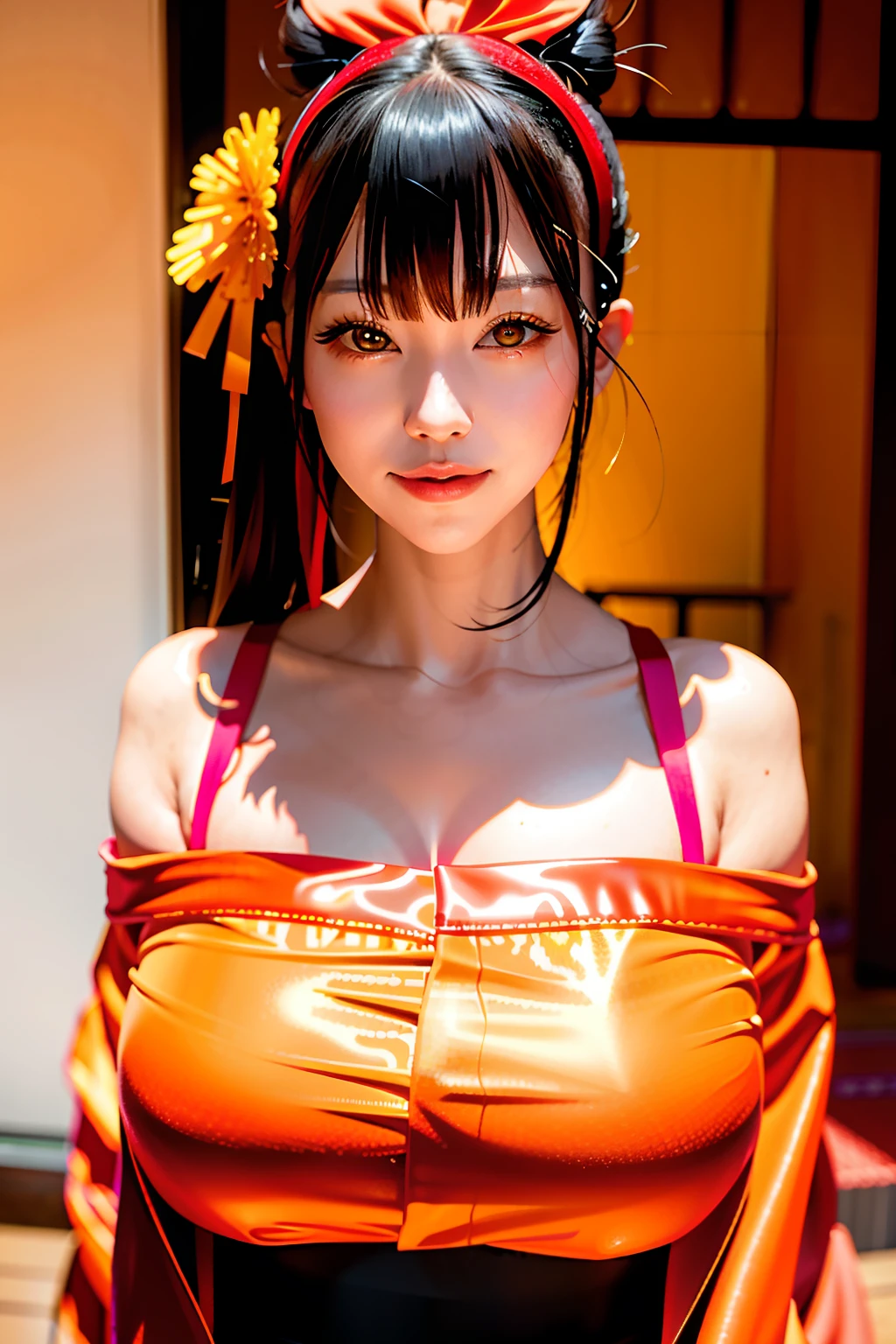 ((gorgeous Golden kimono)),((gorgeous orange kimono)),((gorgeous pink kimono)),((gorgeous red kimono)),((royal textured kimono)), (((smile:1.0, laugh:1.0))),

1girl, solo, makeup, highres, large breasts:1.4 , cleavage, looking at viewer, smile, bangs, bare shoulders, black hair,collarbone, crossed bangs, hair between eyes, hair ornament, hair ribbon, huge breasts, japanese clothes, large breasts, long hair,mask, mask on head, off shoulder, parted lips, red eyes, red kimono, red ribbon, ribbon, striped ribbon, taihou \(azur lane\), twintails, very long hair, wide sleeves,(shiny skin), sash,

night, detailed background, Cyberpunk world, Modern metropolis, neon,sfw:1.8,