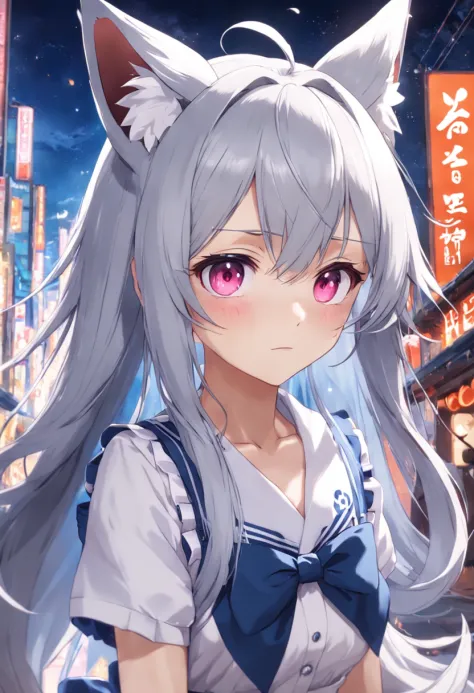 silber hair，The eyes are the same size，Has fox ears，Fox Tail's two-dimensional maid loli