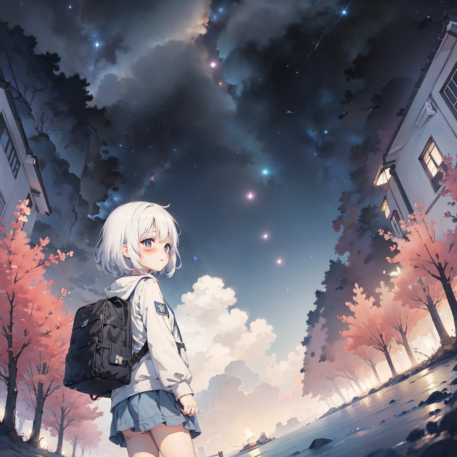 Behind Earth 1.4，starry sky bright，  Little girl drifting in the starry sky of the universe，Loli,elementary student， Solo, (with short white hair:1.2),