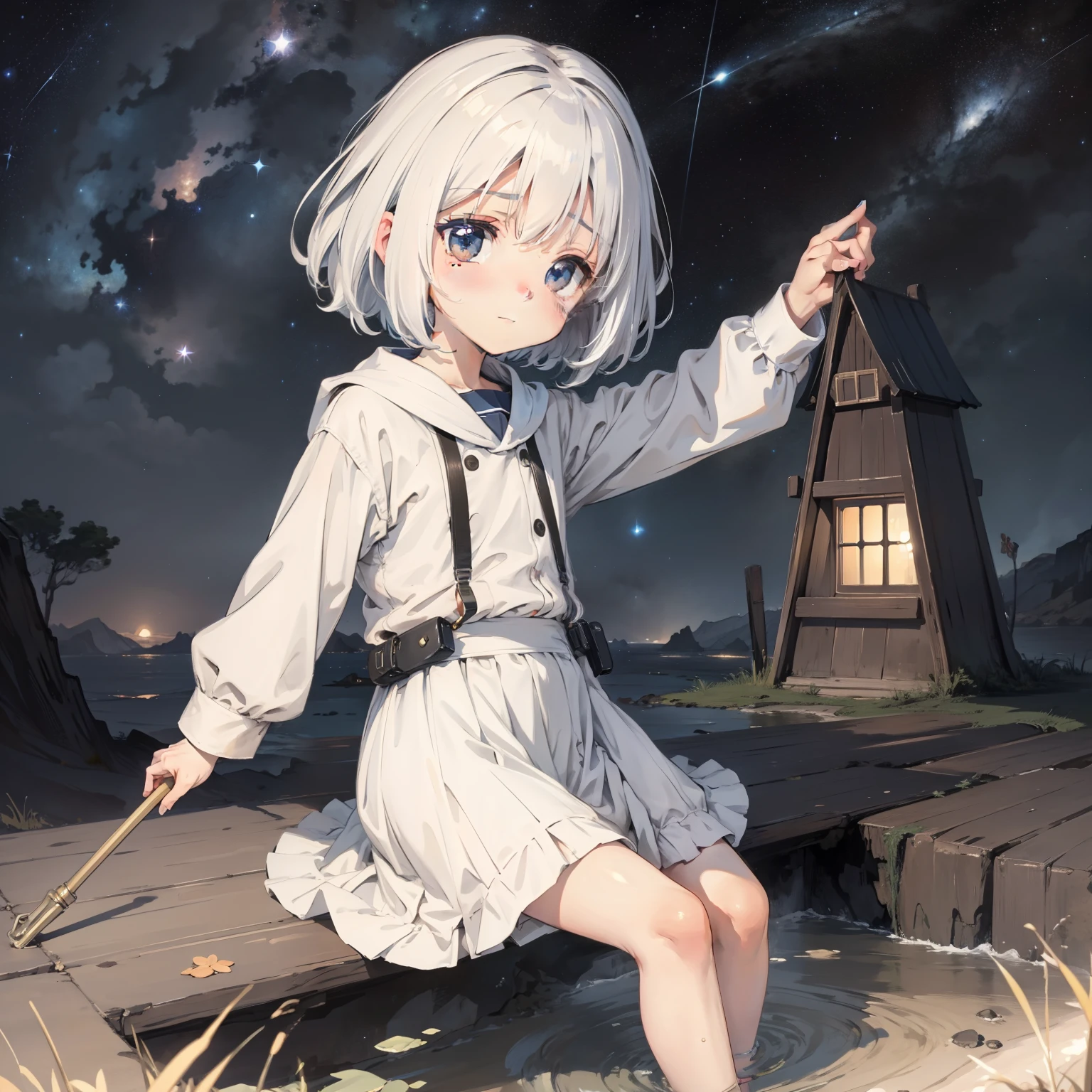 Behind Earth 1.4，starry sky bright，  Little girl drifting in the starry sky of the universe，Loli,elementary student， Solo, (with short white hair:1.2),