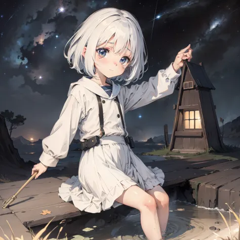 behind earth 1.4，starry sky bright，  little girl drifting in the starry sky of the universe，loli,elementary student， solo, (with...