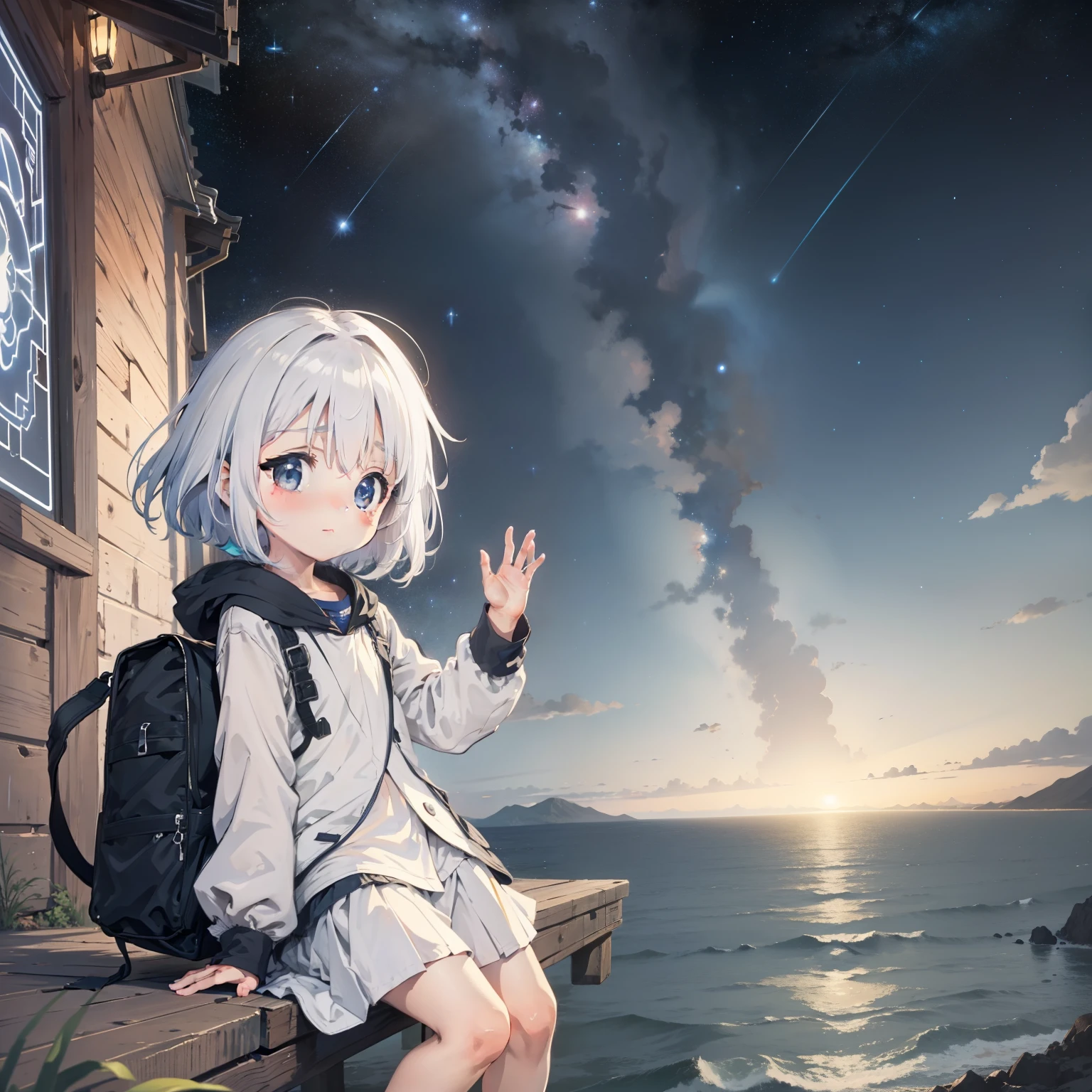 Behind Earth 1.4，starry sky bright，  Little girl drifting in the starry sky of the universe，Loli,elementary student， Solo, (with short white hair:1.2),