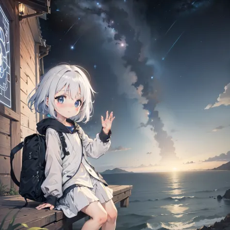 Behind Earth 1.4，starry sky bright，  Little girl drifting in the starry sky of the universe，Loli,elementary student， Solo, (with...