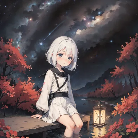 Behind Earth 1.4，starry sky bright，  Little girl drifting in the starry sky of the universe，Loli,elementary student， Solo, (with...