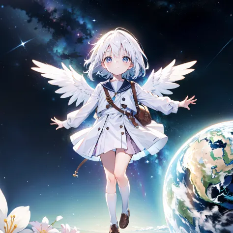 universe background，starry sky bright， 1girll, Little girl who flew out of the earth，Loli,elementary student， Solo, (with short ...