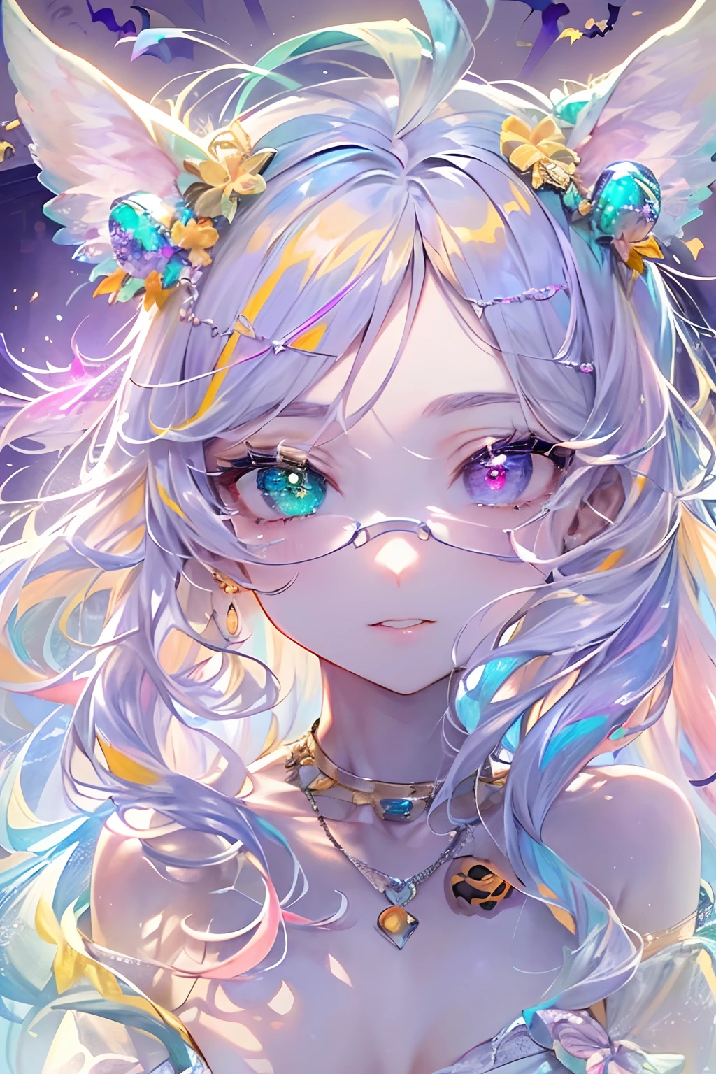 ((​masterpiece、top-quality、Watercolor art(Pendants)、Official art、Beautifully Aesthetic:1.2))、(1girl in:1.3)、(Fractal Art:1.3)、full body Esbian、((Glitter pupils))、patterns、((rainbow-colored hair、colourful hair、Half blue and half pink hair:1.2))、colourfull、(Silver-rimmed glasses)、Writing、(heterochromia iridis:1.5)、(colourfull:1.5)、((Shy face))、one piece dress、(Standing)、(Hyper-detailing), ((delicate detail)), (intricate detailes), ((ciinematic light, best quality backlight)), highcontrast, ((The best lighting, extremely delicate and beautiful)), ((ciinematic light))、(ray trace reflection、brilliance)、((glowing aura))、((Radiant hair))、((The ultra-detailliert))、((8K)),(((Halloween:1.2))),（natta:1.5)