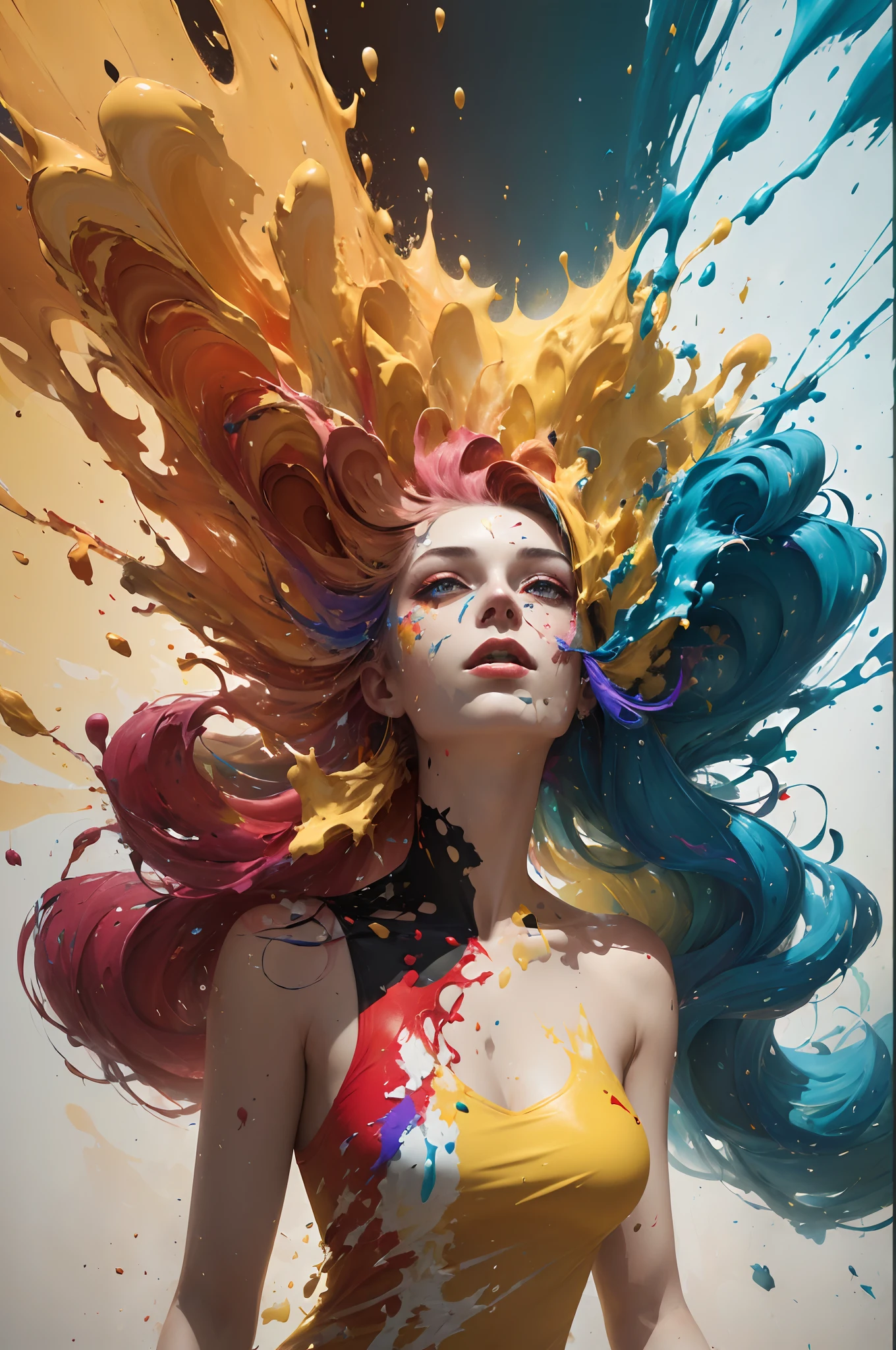 (level difference:1.8),(The paint collides and splashes onto the canvas),(depth of fields),(Flat color:1.1,(Yellow theme)),1 girl,Propaganda poster,full bodyesbian,strong winds,dense smoke,,(Liquid dyes for rainbow hair:1.1) Made of paint，anti gravity,Thick liquid,(paint splatter:1.3),liquidity,stunningly beautiful, Masterpiece, Detailed background,ultra high quality model, Ethereal background,Abstract beauty, explosive volumetric, Oil painting,Heavy strokes,romantic lighting,Sub-surface scattering,Glow,8K,high resolution, Dreamy,Ray tracing,hdr,god light,