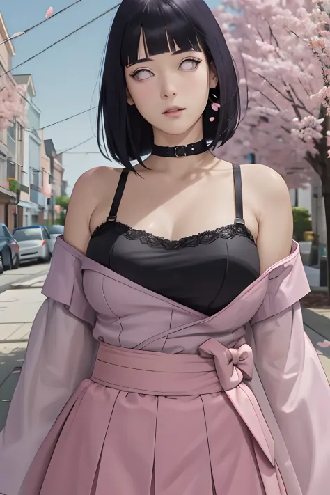 masterpiece, absurdres, hinata\(boruto\), 1girl, solo,mature female, off-shoulder strap bra, high waist short skirt, looking at viewer, (falling petals), perfect composition, detailed lips, big breast, beautiful face, body propotion, blush, (pink lips), lo...