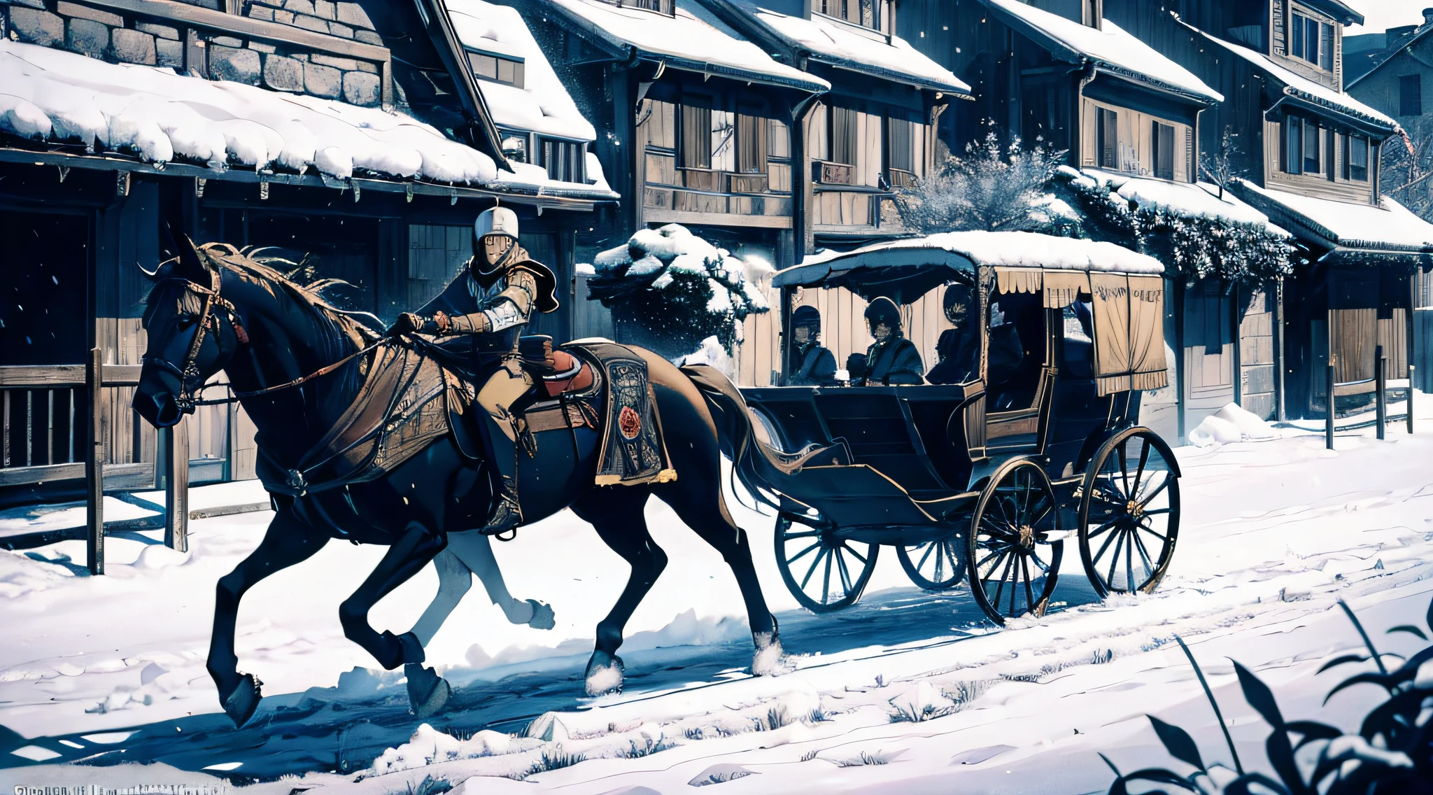 "Dynamic manga-style artwork depicting a male character riding a horse carriage through a bustling medieval village, carrying essential food supplies. Detailed shading and intricate detailing enhance the visual impact."