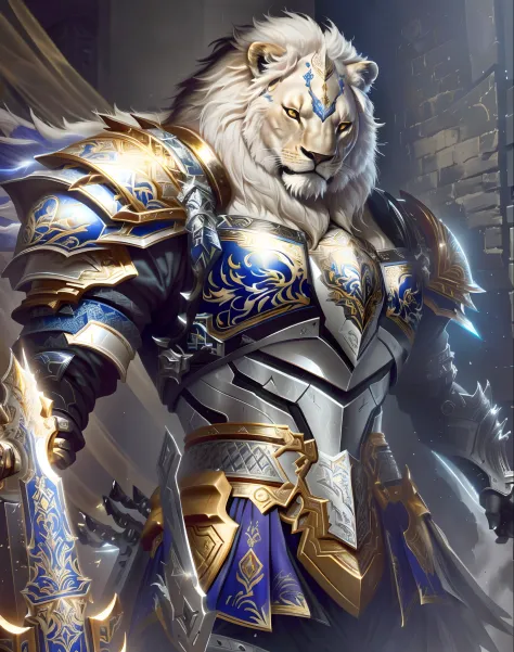 A closeup of a lion dressed in armor with a sword, O Cavaleiro da Armadura do Gato Dourado, obra-prima artstation, lion warrior,...