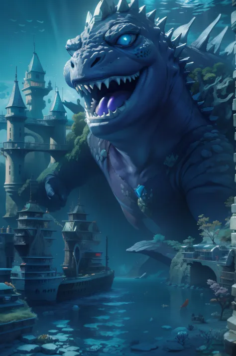 Godzilla under the sea , Underwater world，Undersea castle，Deformed sea creatures，sunken ships，scifi style, blue and violet, Ultra photo realsisim
