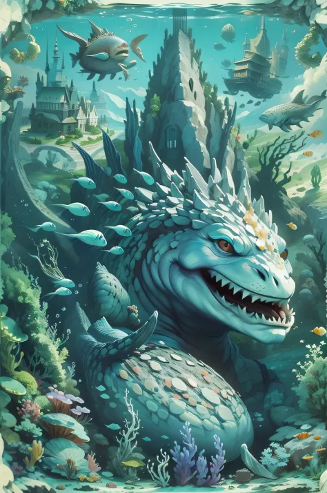 Godzilla under the sea , Underwater world，Undersea castle，Deformed sea creatures，sunken ships，scifi style, blue and violet, Ultr...