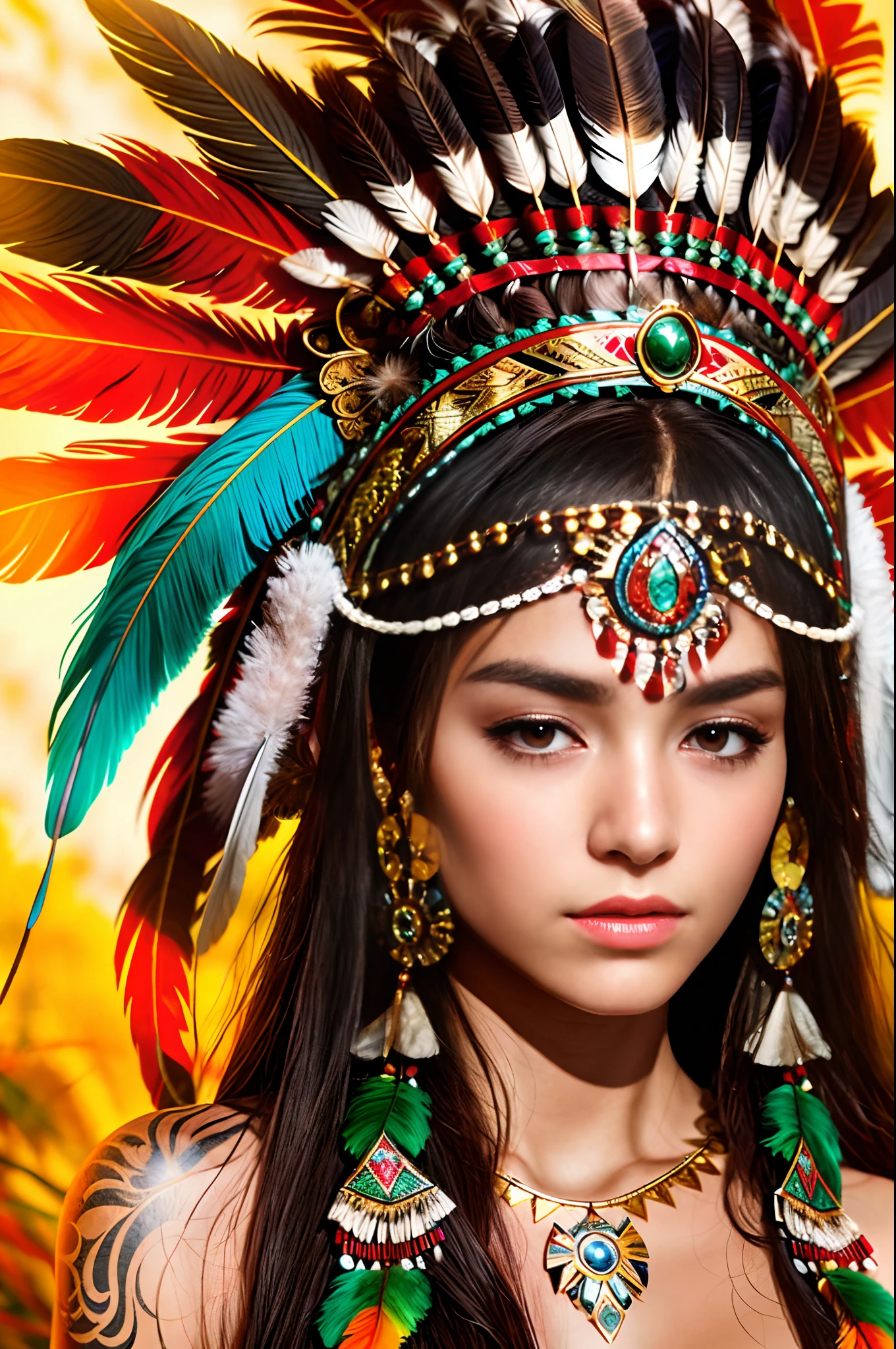 Wear a feather головной убор，Арадская женщина с перьями на голове, Портрет ацтекской принцессы, носить корону из ярких перьев, девушка с перьями, красивая молодая шаманка, она одета в шаманскую одежду, feathered головной убор,Тату грудины, ornate головной убор, молодая шаманка, Кароль за UHD, головной убор, : Индейская фантастика Шамеона, centered головной убор