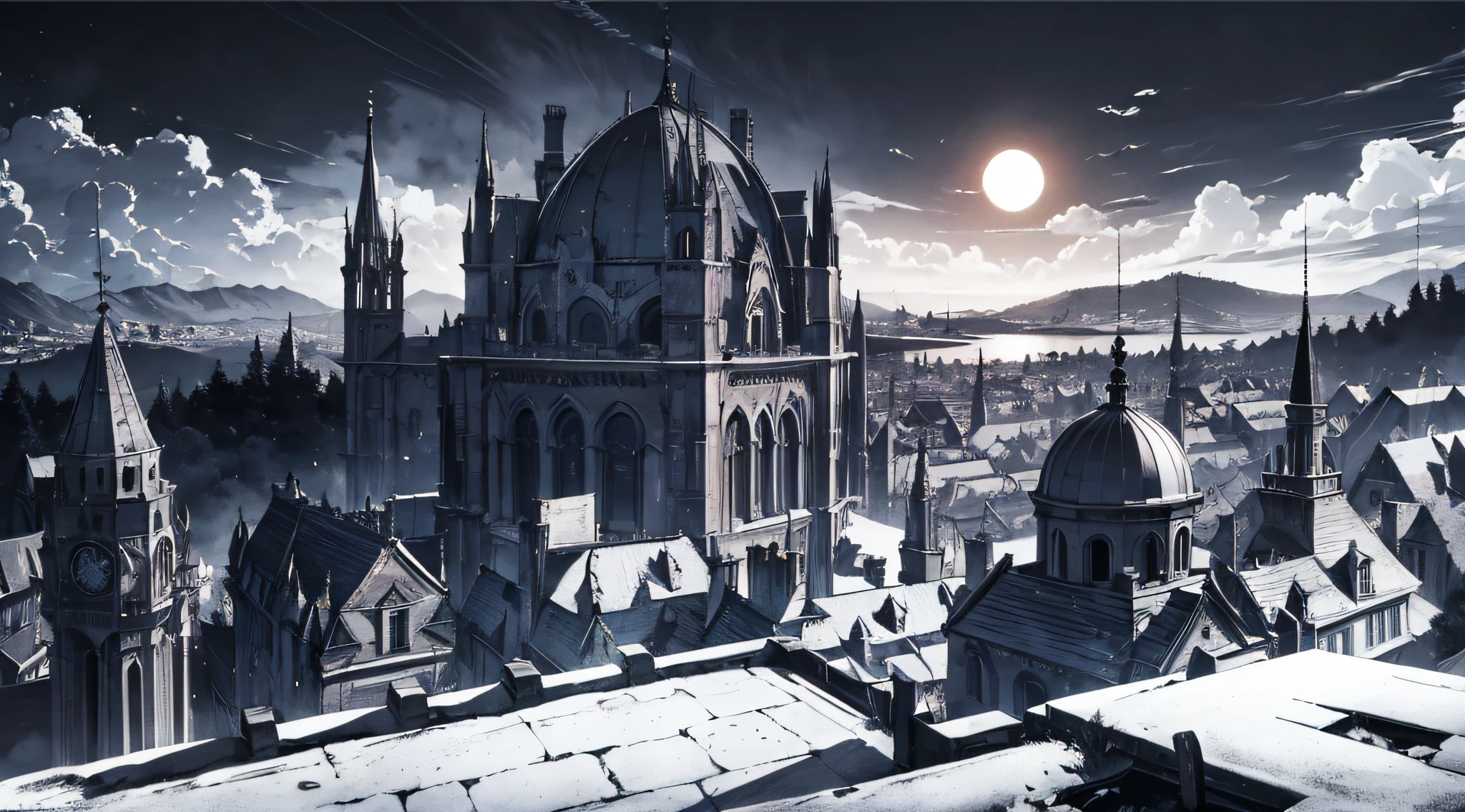 "A manga-style panel depicting a breathtaking kingdom perched on a hill, overlooking a vibrant village, with a mesmerizing eclipse hovering above. The drawing should have manga-inspired shading and top-tier artistry."