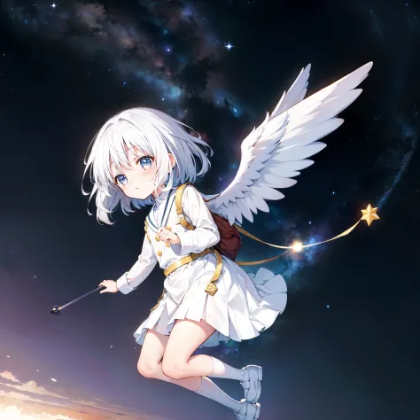 universe background，starry sky bright， 1girll, Little girl who flew out of the earth，Loli,elementary student， Solo, (with short ...