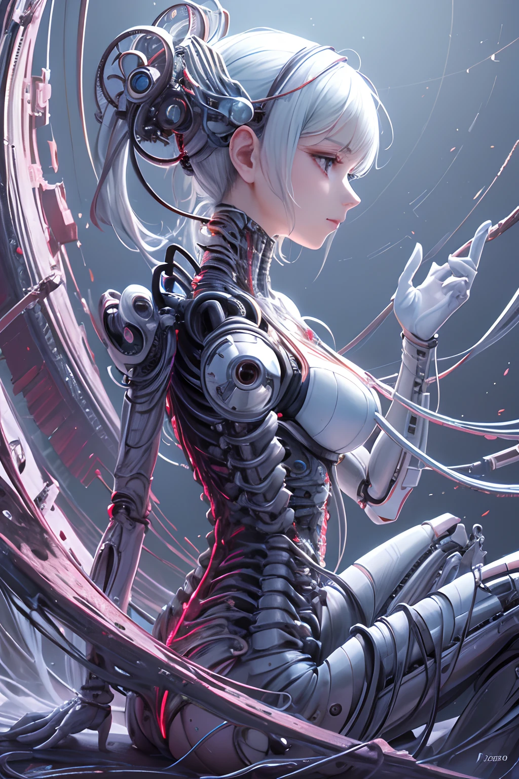 (((masterpiece))), (((best quality))), ((ultra-detailed)), (highly detailed CG illustration), ((an extremely delicate and beautiful)),(from side),cinematic light,((1mechanical girl)),solo,full body,(machine made joints:1.2),((machanical limbs)),(blood vessels connected to tubes),(mechanical vertebra attaching to back),((mechanical cervial attaching to neck)),(sitting),expressionless,(wires and cables attaching to neck:1.2),(wires and cables on head:1.2)(character focus),science fiction,extreme detailed,colorful,highest detailed