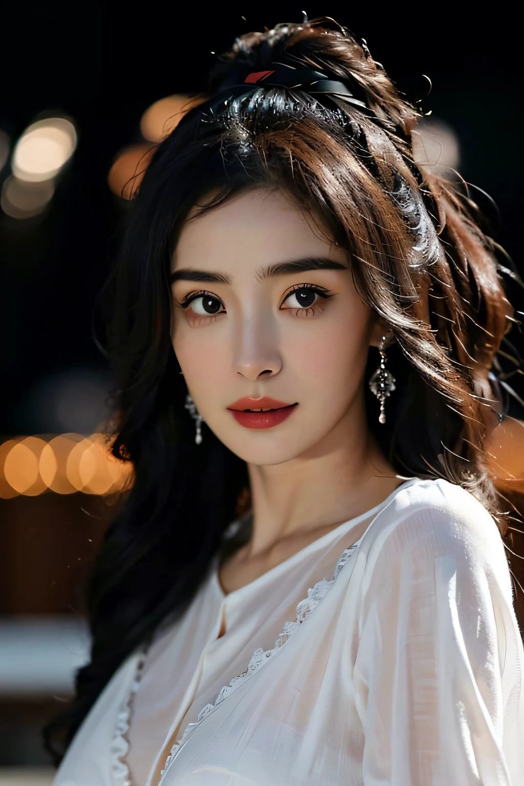 Estampados florales, (Night view background:1.5), (1girll:1.6), Long hair, ulzzang-6500v1.1, (Source language: 1.2), (Realistic: 1.3), beautiful girl with beautiful details, Extremely detailed eyes and face, Eyes with beautiful details, Absurd, unbelievable Ridiculous, hugefilesize, Ultra detail, high resolution, Ultra detailed, Best quality, Masterpiece, illustration, Ultra detailed and beautiful, Ultra detailed, CG, Unity, 8K wallpaper, Amazing, finedetail, Masterpiece, Top quality, offcial art, Extremely detailed Cg Unity 8K wallpaper, Cinematic lighting, (Perfect shiny skin:0.6), Slim and smooth lines, (Floating), Diamond earrings, (Upper body:1.5), (Large breasts:1.2), (yangmi:1.5),