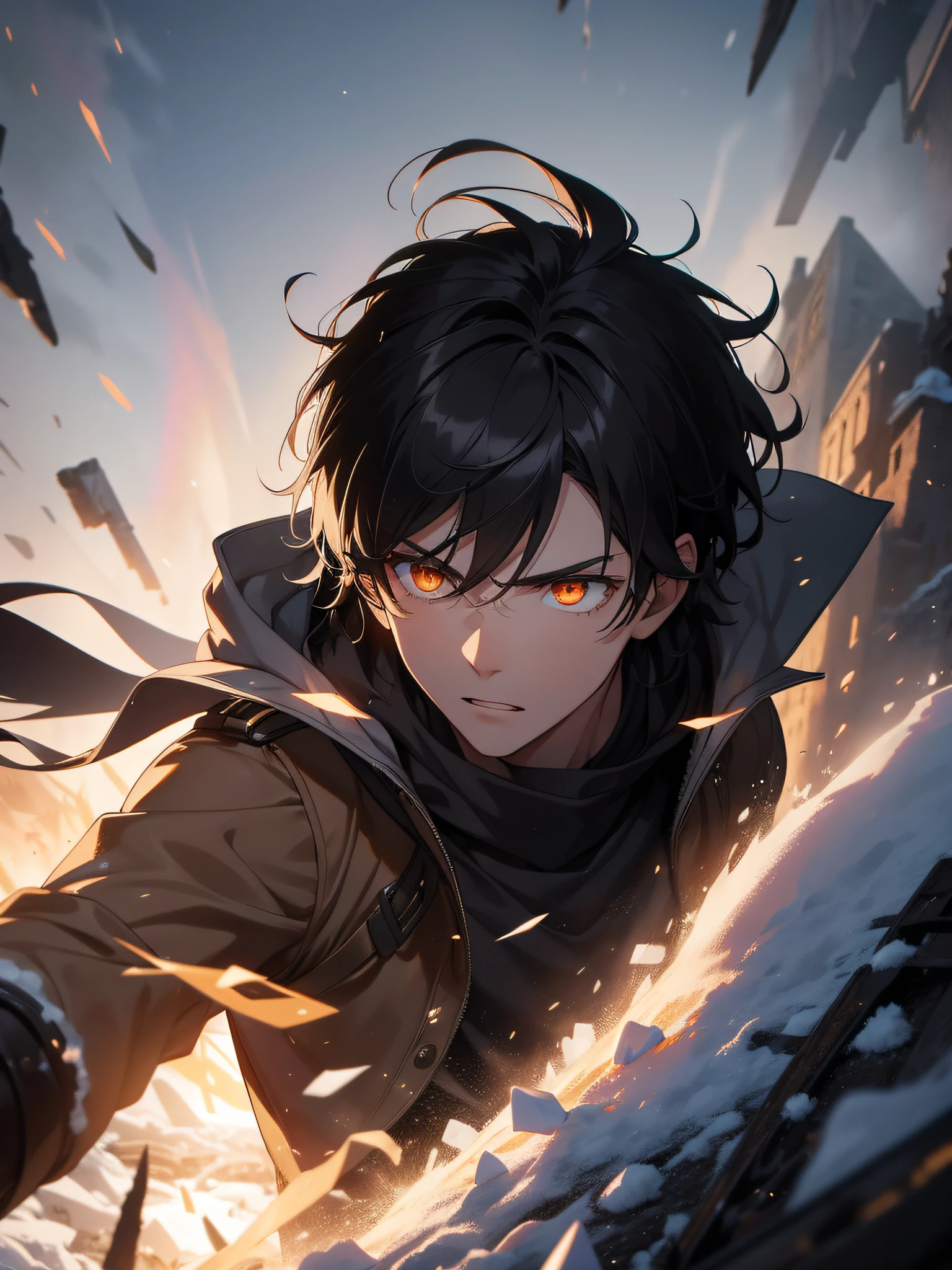 An epic scene where, in the middle of a destroyed and cold village, covered in dense snow, the protagonist, a young man with dark hair and glowing golden eyes, bruised by the confrontation, awakens the power of fire