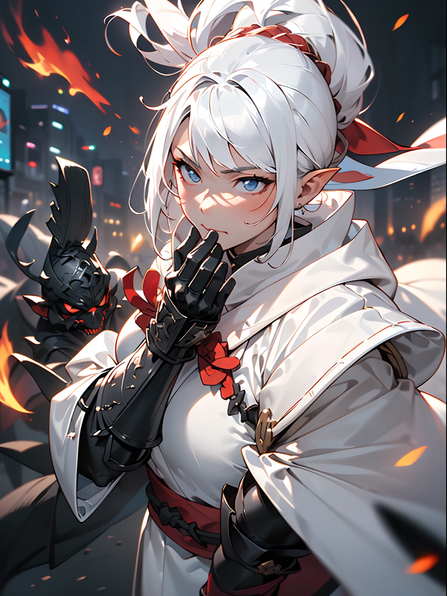 ((jpn)),((Best Quality)),((Beautifully painted)),((hight resolution)),1girl in,Luminescent beautiful elven daughter,(((White surcote))),((White cloak with red decoration)),Luminescent bushy silver-haired ponytail,Shining eyes,(((black gauntlet and glove))),nice hand, Perfect hands,((Shunho)),(((Fight black demon monsters in the streets of a big city on a blazing night))),((Flying flames)),armor,(face forcus),(((motion blur))),(((dynamic angle))),((cinematic lighting))