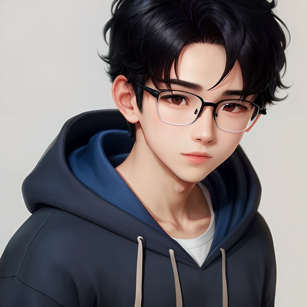 Glasses boy with blue hoodie middle part hairstyle anime black hair