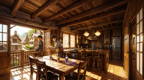 A male character enjoys a refreshing drink at a wooden table in a cozy medieval home, manga-style illustration with detailed pan...