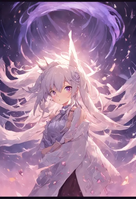 best qualtiy，highly  detailed，tmasterpiece，ultra - detailed，（Realistis：1.2），1girll，（white backgrounid），simplebackground，Elaborate Eyes，Silver hair，a purple eye，hair_ornament，（white offshoulder shirt：1.3），long whitr hair，pointy_ears，crown_braid，face express...