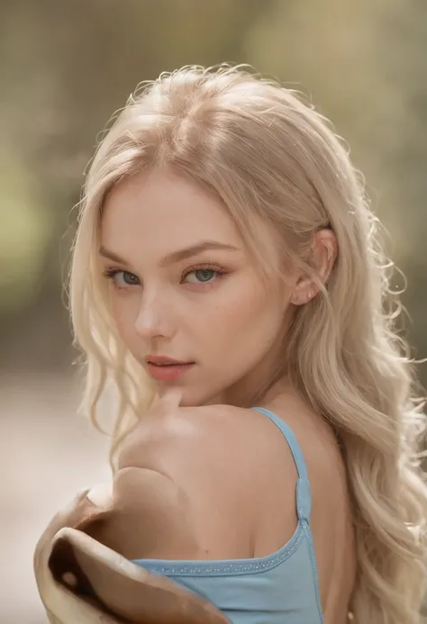 A close up of a woman with long blonde hair wearing a blue top - SeaArt AI