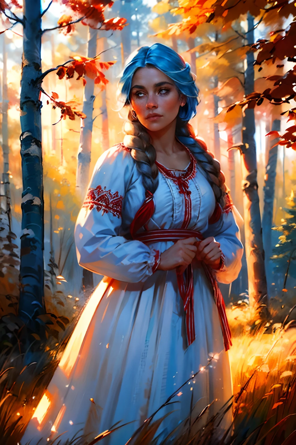 1소녀, 아름다운 아가씨, 헤어 라이트, 드리다, 파란 눈을 빛내다, 붉은색 러플 장식이 있는 흰색 드레스, 테두리, 앙플레인 에어, 러시아 숲, 나무 오두막, 자작나무와 키 큰 풀, 현실적인