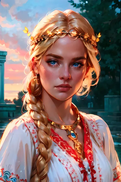 1girl, beautiful lady, blonde hair, braid, glowin blue eyes, white dress with ornate red frills, circlet, outdoors, realistic