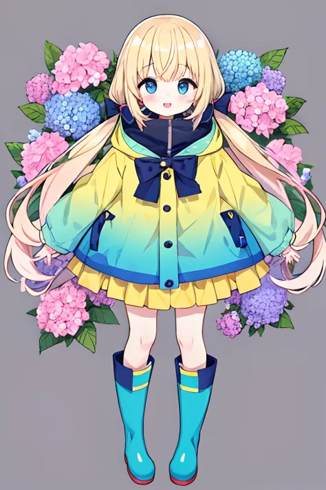 girl with、rainbows、raincoat、Yellow raincoat、Rubber boots、hydrangeas、florals、length hair、Twin-tailed、boots、red blush、Opening Mouth、hair adornments、white backgrounid、独奏、Very long hair、long-sleeve、low twintails、the bow、bangss、a smile、Animal food、blue eyess、bu...