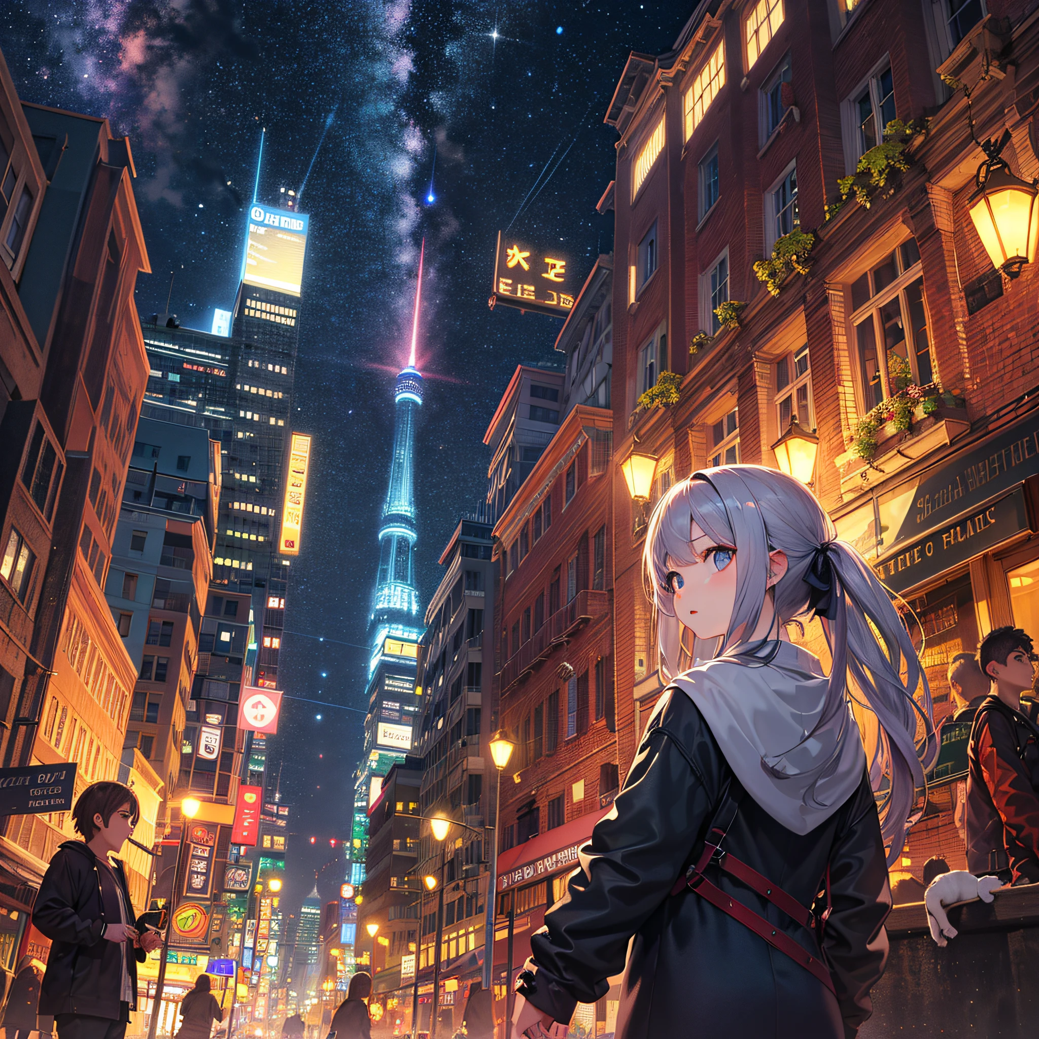 Anime girl in a city at night with a city in the background - SeaArt AI