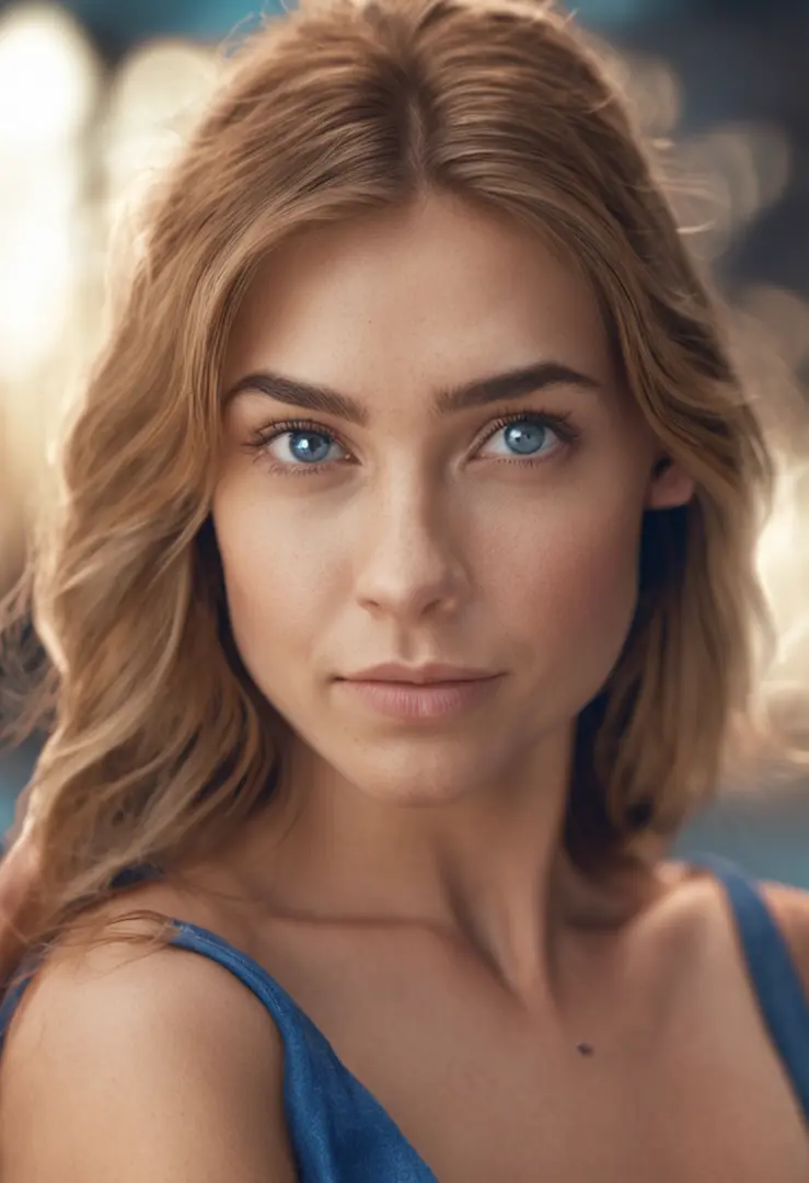 there is a real woman, ponytail hair, realistic blue eyes, almond-shaped eyes, smiling, one little mole above upper lip, beautiful face, looking directly to the camera, headshot, cinematic lighting, depth of field, bokeh, realism, real photo, hyperrealism,...