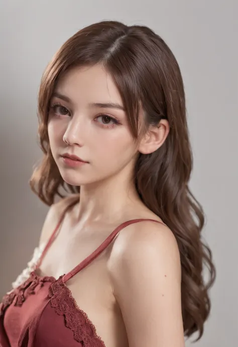 A close up of a woman with long brown hair wearing a bra - SeaArt AI