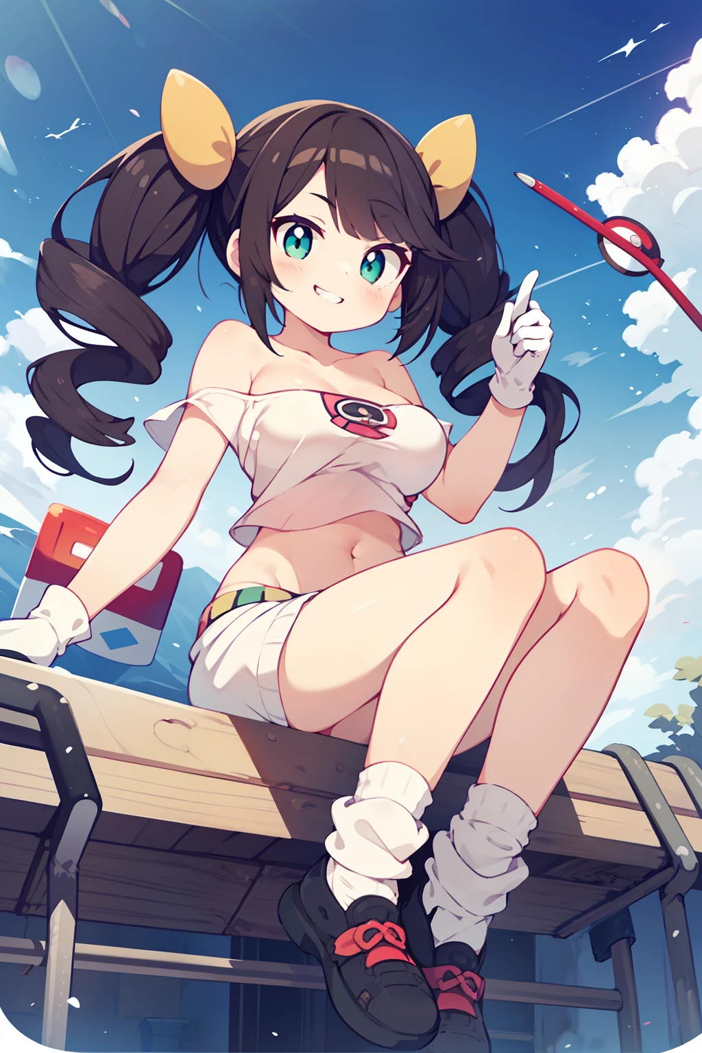 1girl in, (Solo:1.2), (Perfect body:1.1), (Best Quality:1.1), Cute Girl, official art, (Pokémon style:1.1), (Plain tube top:1.5), Tsuriformes, Sanpaku eyes, Narrow-eyed, emerald eyes, A dark-haired, length hair, large full breasts, Missis cart, Navel Ejection, You can see the valley, White long gloves, (Loose socks:1.3), (evil smile:1.2), (mesugaki:1.1), Pointed hair, Hair flowing sideways, drills twintails, I don't have anything in my hands, There is no one around,