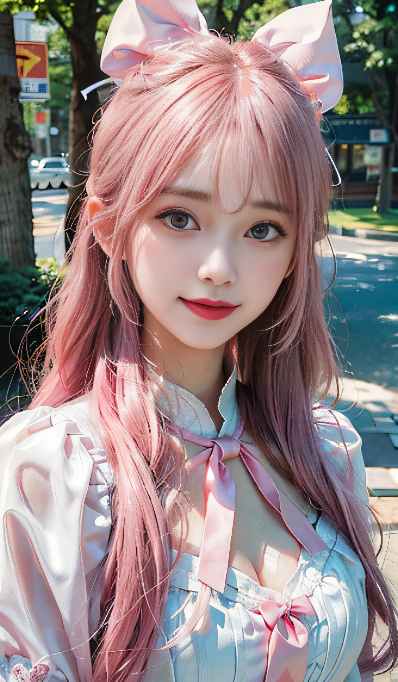 (RAW photography:1.2)、top-quality、a beautiful detailed girl、Double tail with pink hair color、A smile、heartthrob、extremely detailed eye and face、beatiful detailed eyes、hugefilesize、A high resolution、8k wallpapenedetail、the wallpaper、Light on the face、light、16-year-old girl、idol pose、(Photo realism:1.4)、illustratio、super detailing、tmasterpiece、White hair elasticity、Fluffy dresses，Pink black ribbon